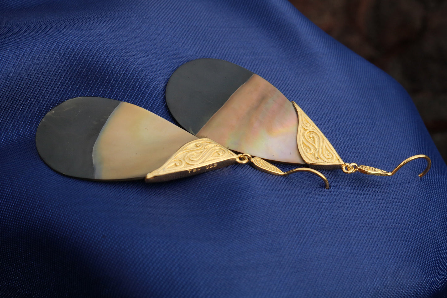 18k Gold Teardrop Black Oyster Shell Earrings Tribal Design. Sterling Silver.
