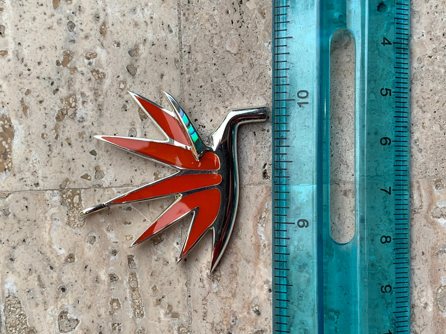 Bird of Paradise Flower Necklace Pendant. Red Coral, Sterling Silver, Abalone Shell.