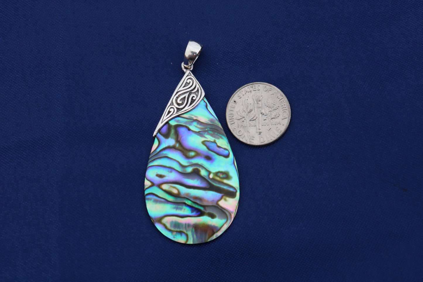 Abalone Paua Shell Teardrop Pendant Necklace. Sterling Silver.