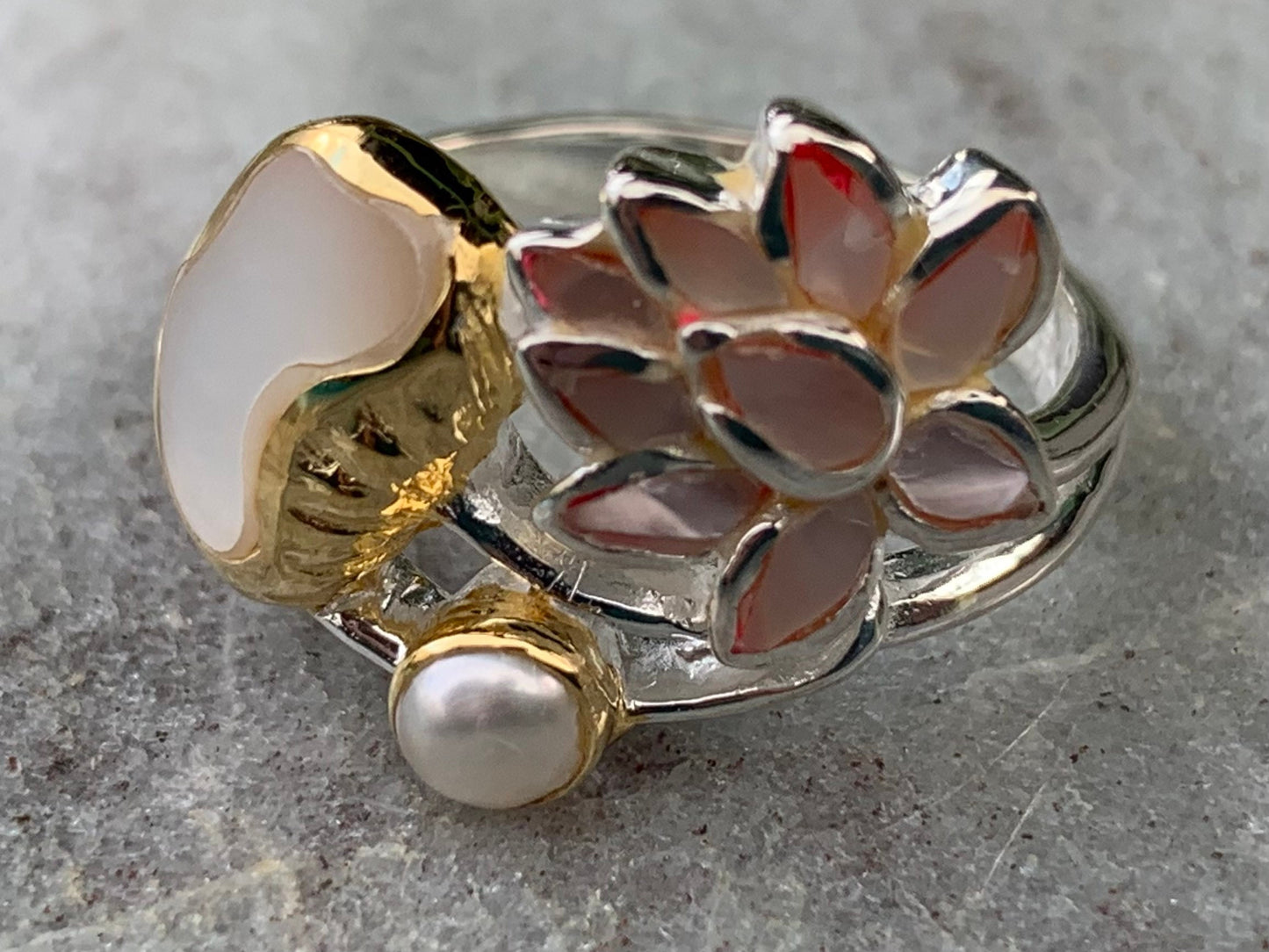 Pink Lotus Flower Ring. Sterling Silver, Pearl, Gold, Mother of Pearl.