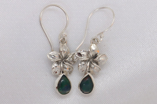 Opal Plumeria Flowers Silver Earrings