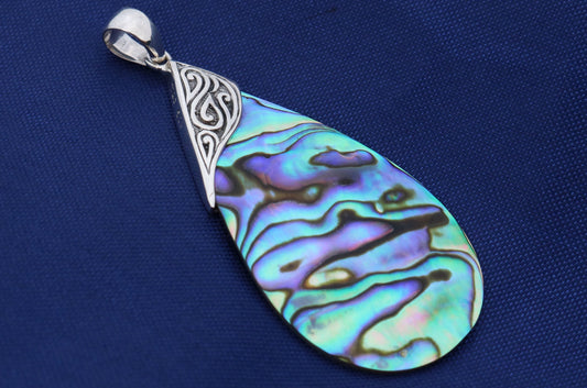 Abalone Paua Shell Teardrop Pendant Necklace. Sterling Silver.