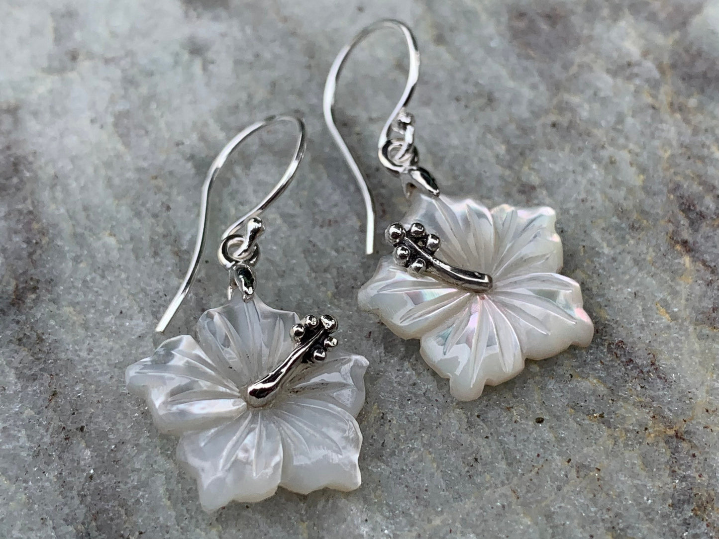 Hibiscus Flower Necklace Earrings. Hawaiian State Flower. Sterling Silver, Mother of Pearl