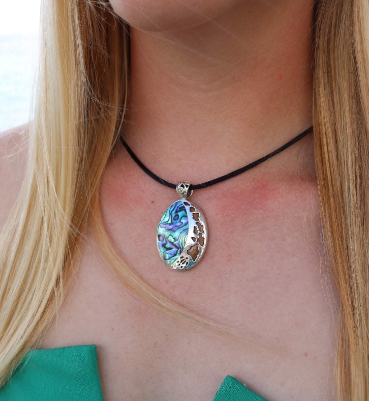 Hawaii Island Chain Turtle Necklace Pendant Small | Paua Abalone Shell | Sterling Silver | Ocean | Beach | Gift | Jewelry | Handmade Unique