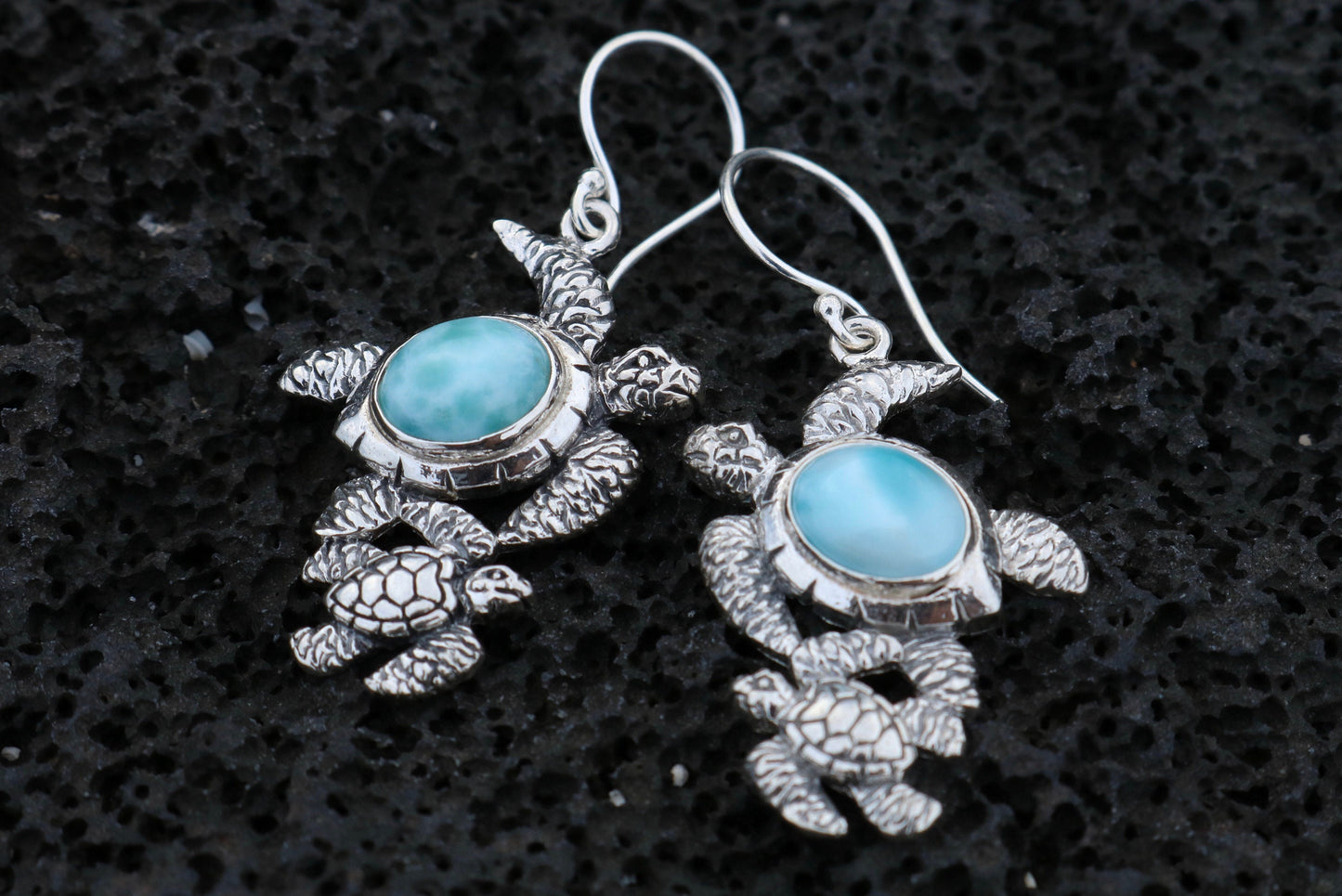 Larimar Turtles Dangle Drop Earrings. Sterling Silver.