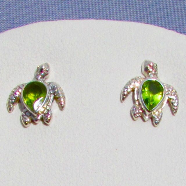 Sea Turtle Stud Earrings | Sterling Silver | Peridot | Ocean | Beach | Gift | Jewelry | Handmade | Unique