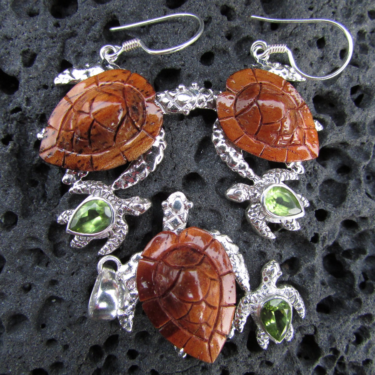 Sea Turtle Earrings | Peridot | Hawaiian Koa Wood | Sterling Silver | Ocean | Beach | Gift | Jewelry | Handmade | Unique