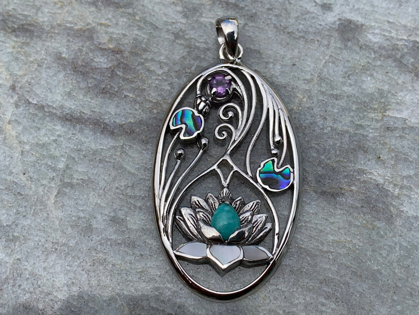 Turquoise Amethyst Lotus Necklace Pendant. Sterling Silver. Abalone Shell, Mother of Pearl.