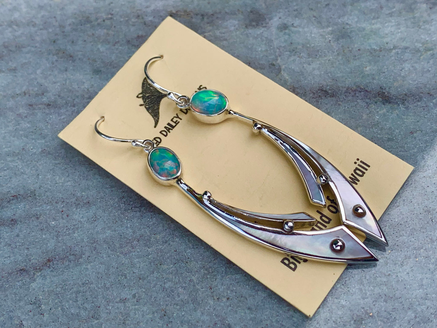 Opal Ocean Wave Earrings. Mother of Pearl, Sterling Silver.
