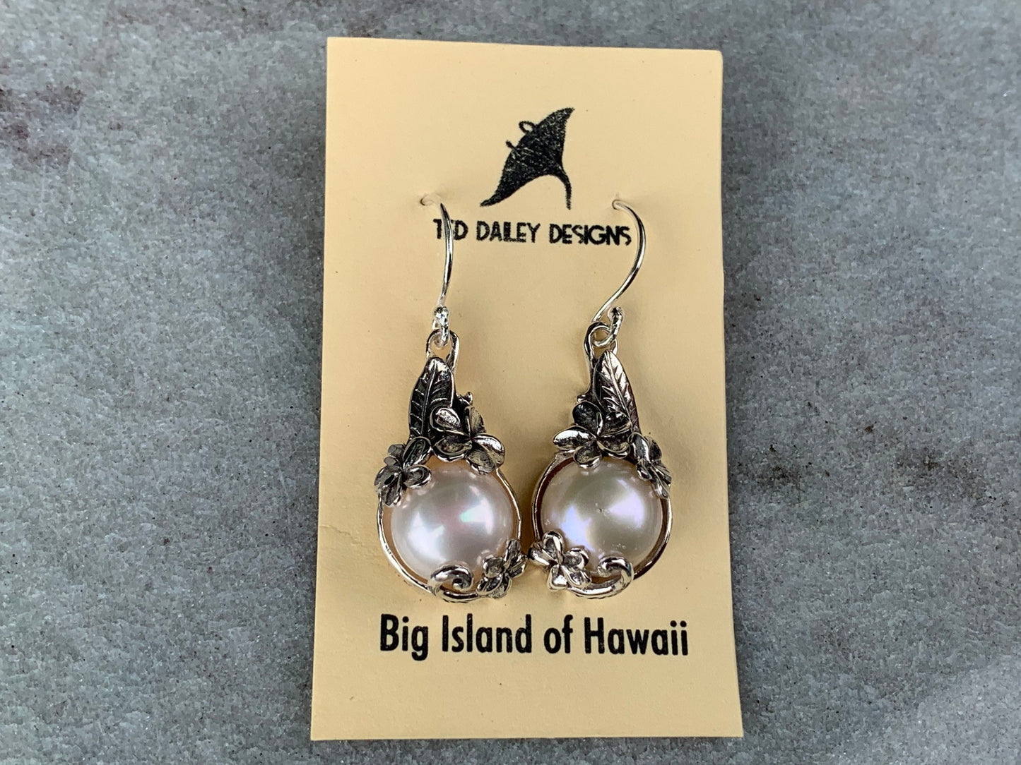 Plumeria Flower White Mabe Pearl Silver Earrings