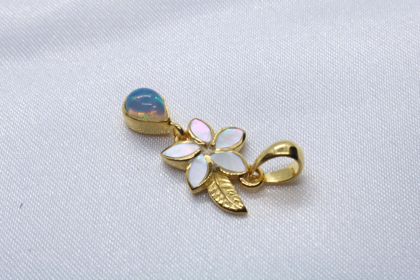 Opal Plumeria Flower 18k Gold Vermeil Mother of Pearl Charm Necklace Pendant