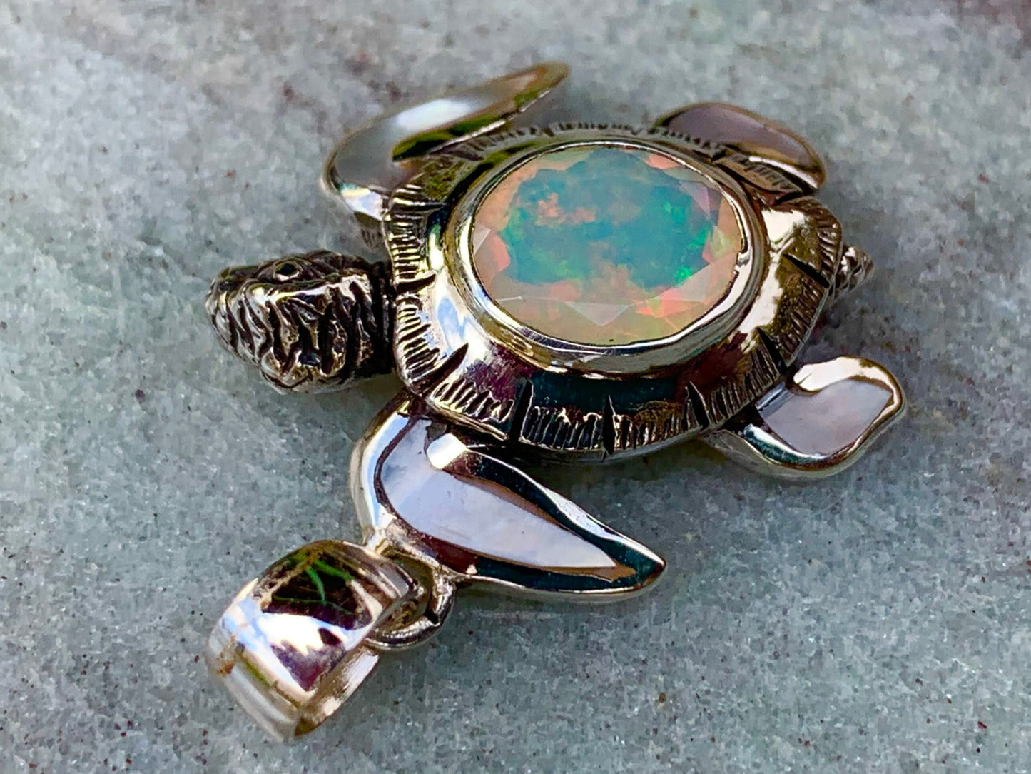 Opal Turtle Pendant Necklace. Mother of Pearl, Silver.
