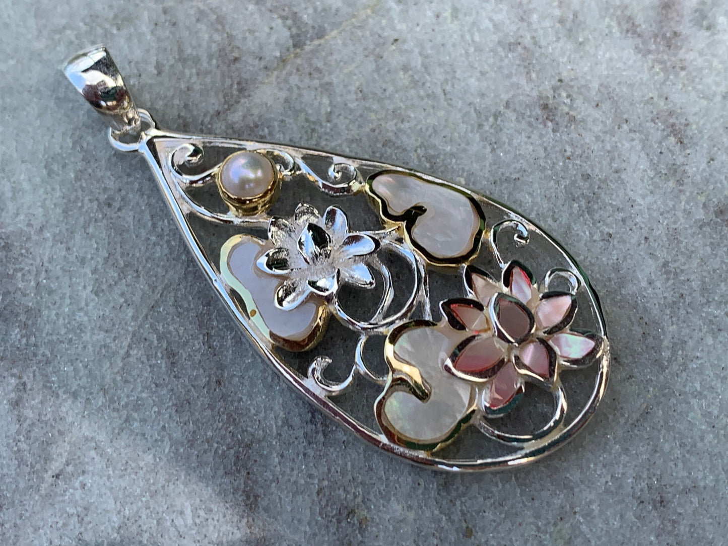Pink Lotus Flower Necklace Pendant. Sterling Silver, Pearl, Gold, Mother of Pearl.