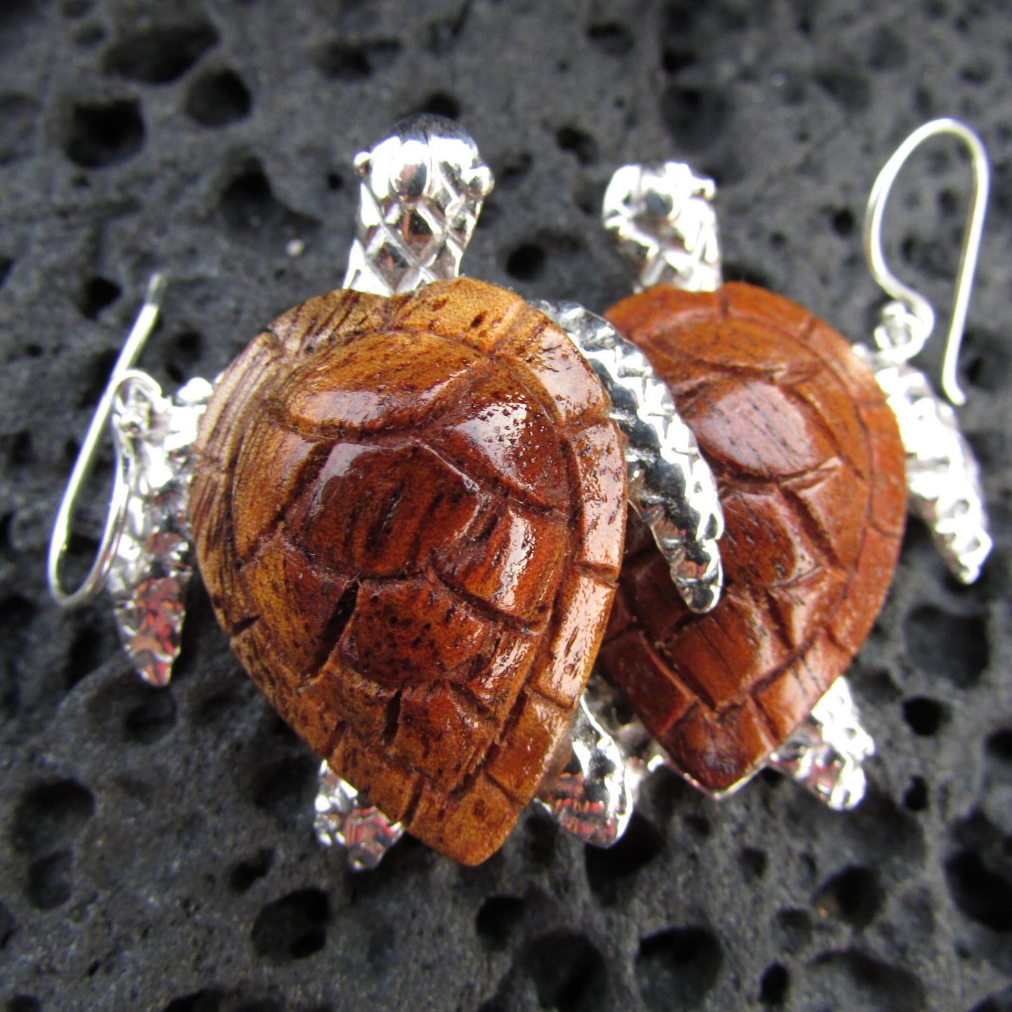 Sea Turtle Earrings Large | Koa Wood | Sterling Silver | Ocean | Beach | Gift | Jewelry | Handmade | Unique
