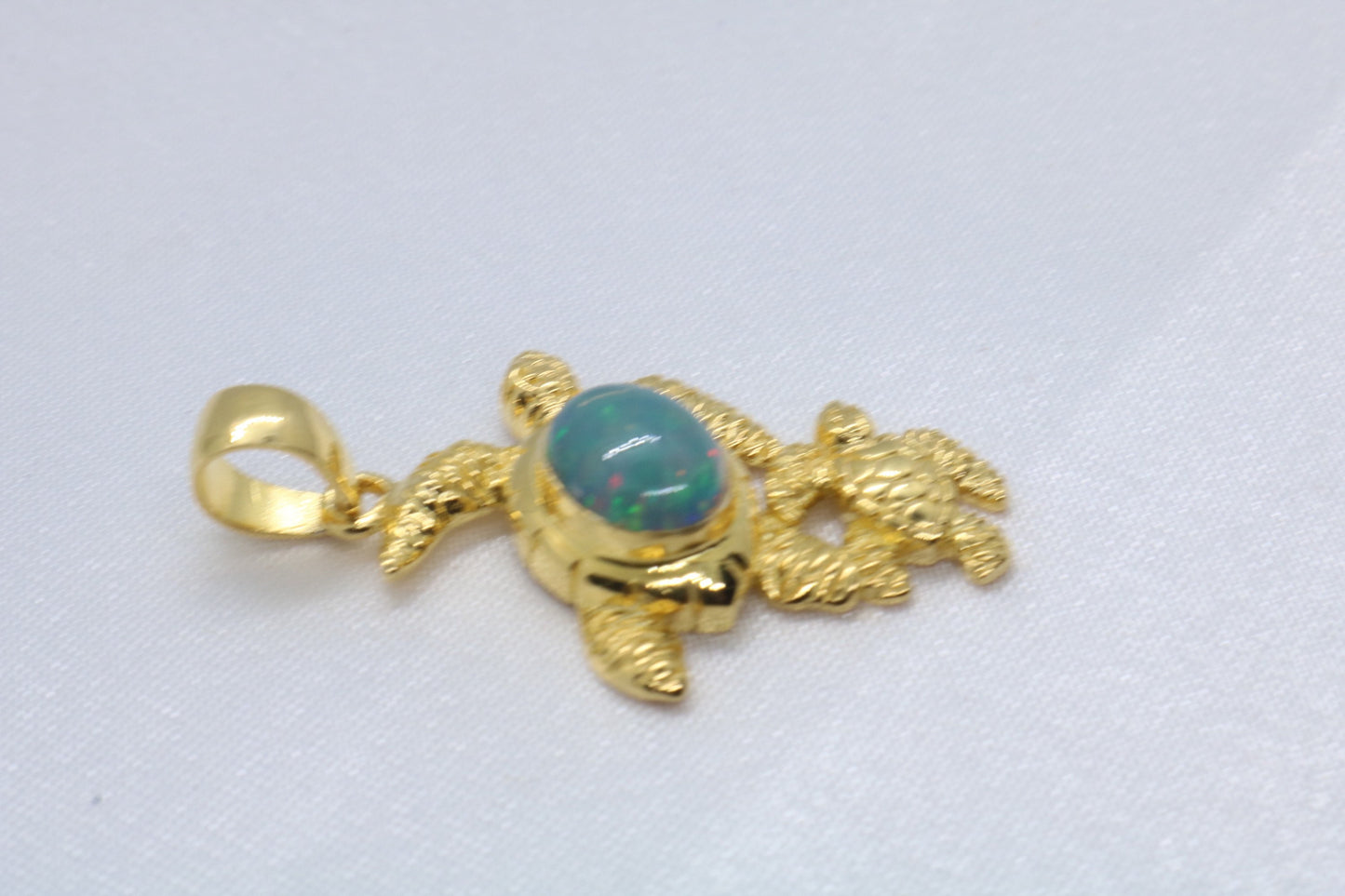 Opal Turtle Hawaiian Honu Mom and Baby 18k Gold Vermeil Necklace Pendant