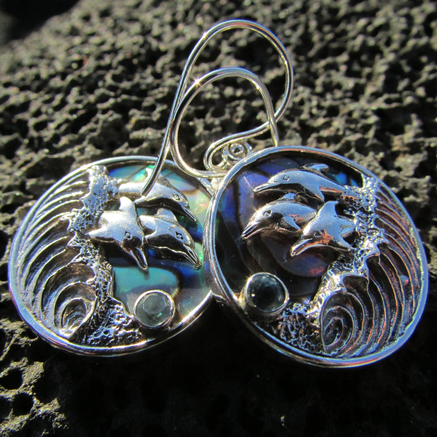 Dolphin Wave Earrings | Blue Topaz | Paua Abalone  Shell | Sterling Silver | Ocean | Beach | Gift | Jewelry | Handmade | Unique