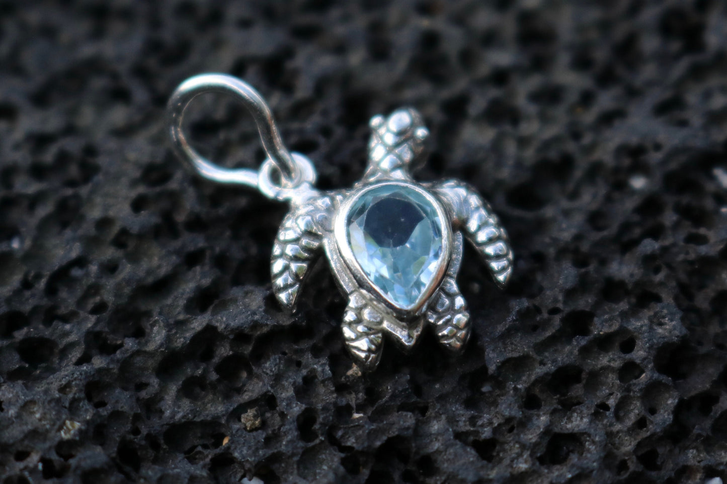 Turtle Charm Blue Topaz Necklace Pendant. Sterling Silver.