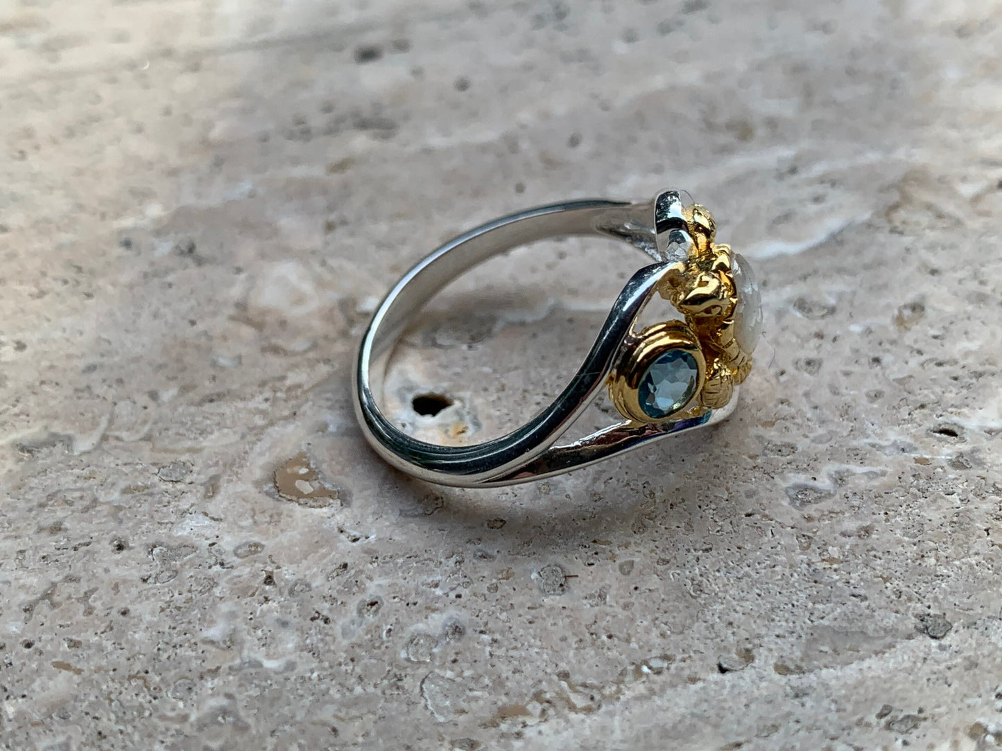 Swiss Topaz Turtle Ring. Mother of Pearl, Silver, Gold.