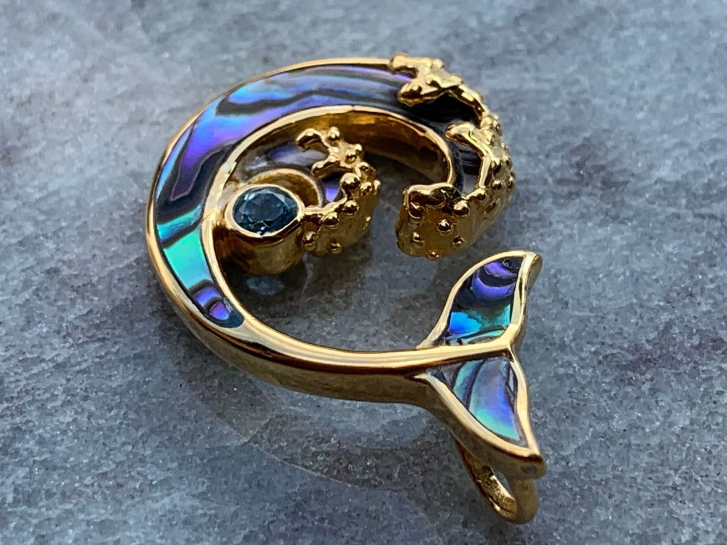 Whale Tail and Wave Swiss Blue Topaz 18k Gold Vermeil Necklace Pendant