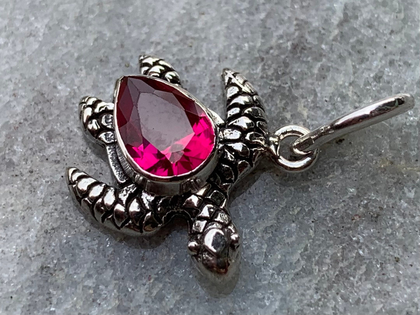 Ruby turtle charm pendant necklace. Sterling silver.
