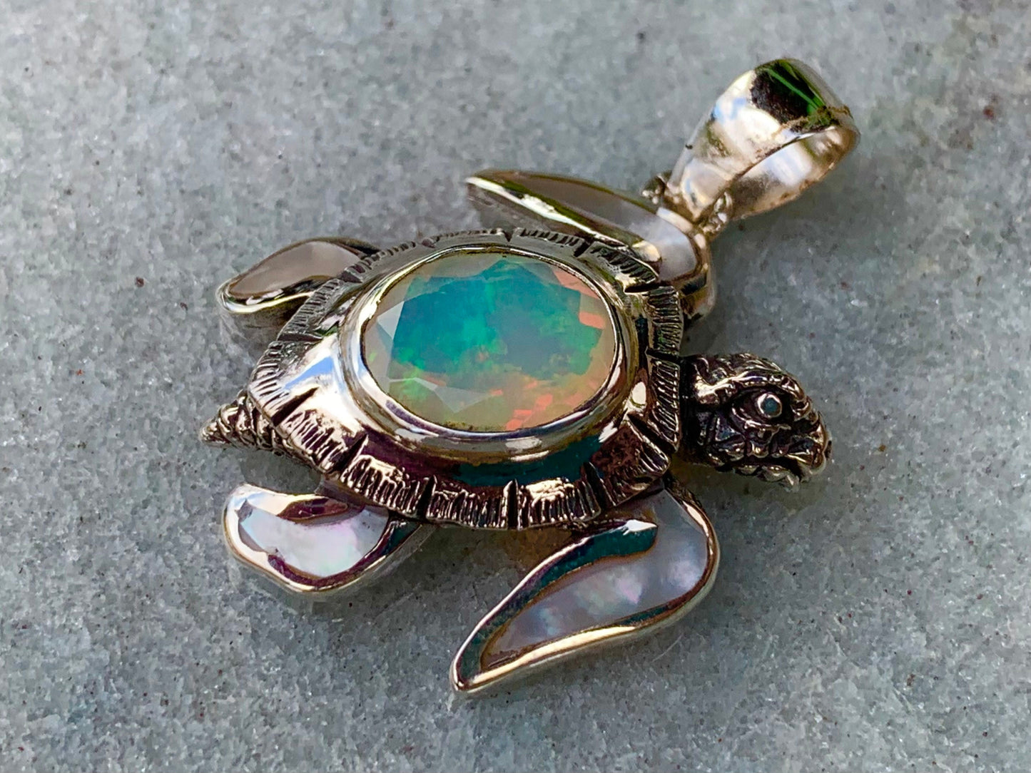 Opal Turtle Pendant Necklace. Mother of Pearl, Silver.