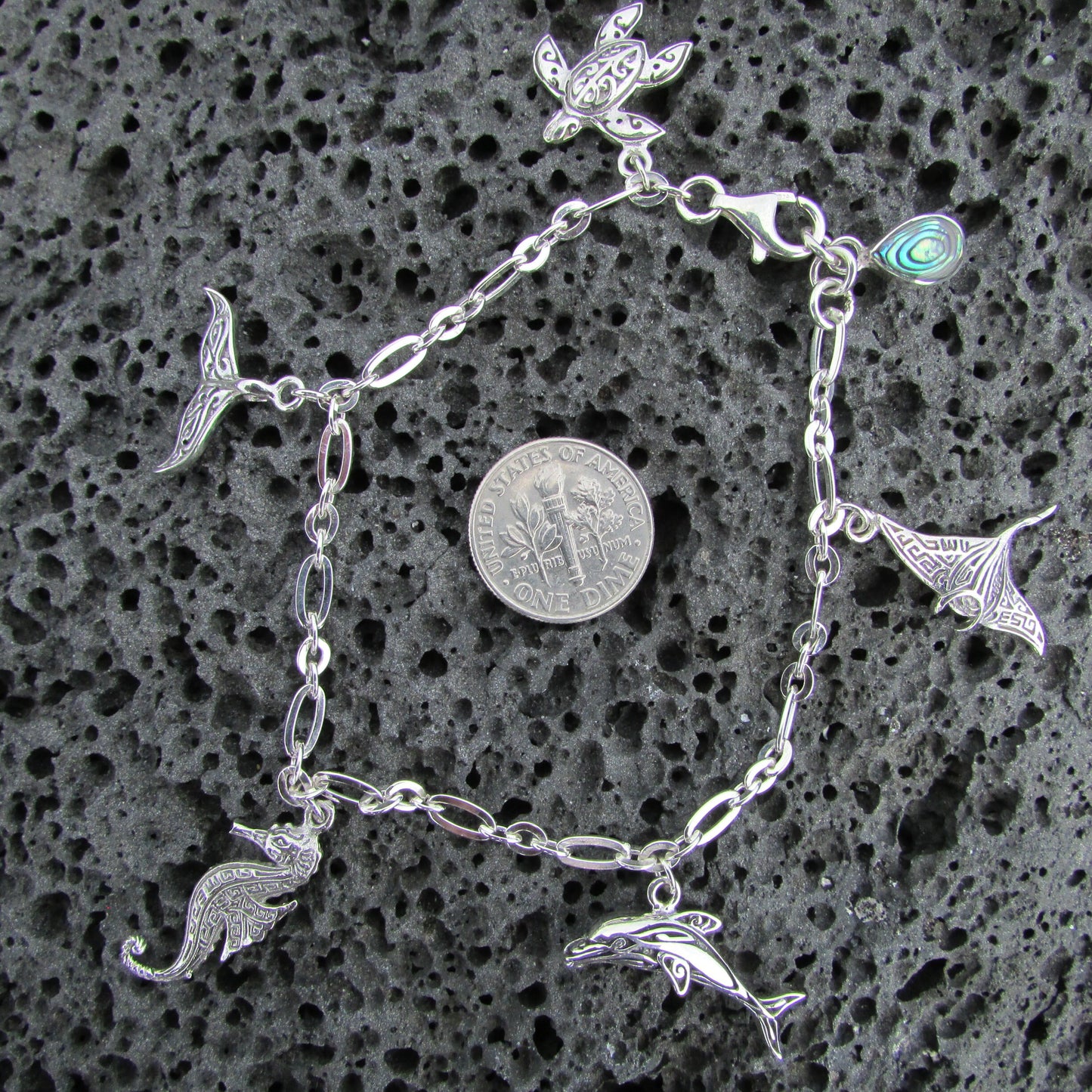 Charm Bracelet | Dolphin | Manta Ray | Seahorse | Sea Turtle | Whale Tail | Sterling Silver | Abalone Paua Shell | Ocean | Beach | Gift