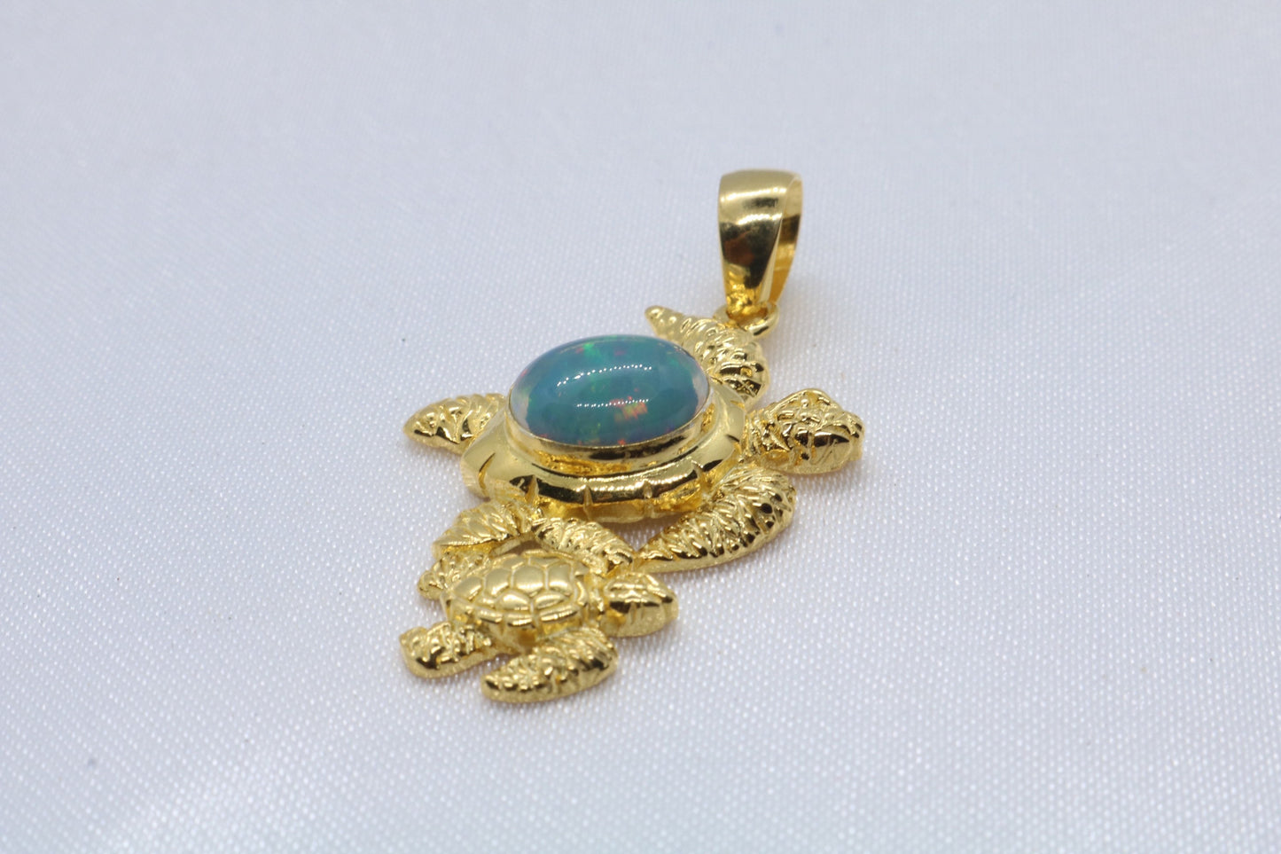 Opal Turtle Hawaiian Honu Mom and Baby 18k Gold Vermeil Necklace Pendant