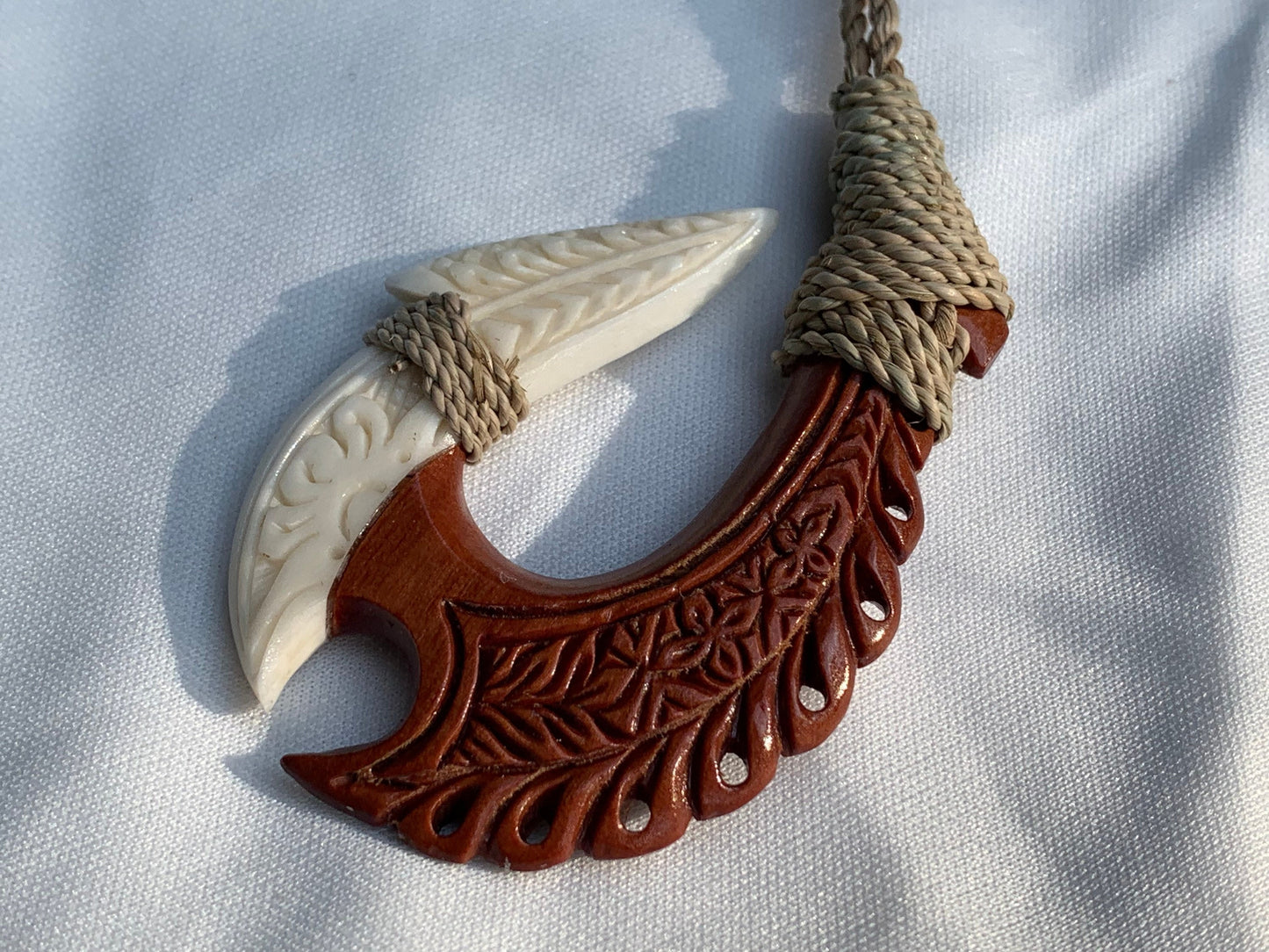 Hawaiian Makau Polynesian Matau Maui Carved Fish Hook Necklace. Bone, Wood.
