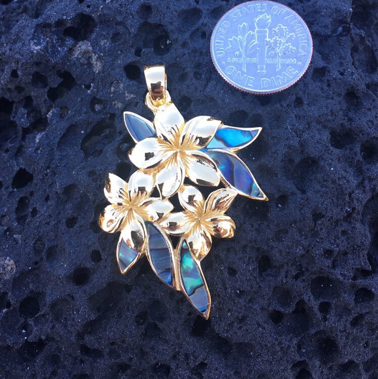 Plumeria Flowers Necklace Pendant. 18k Gold Vermeil. Abalone Paua Shell.