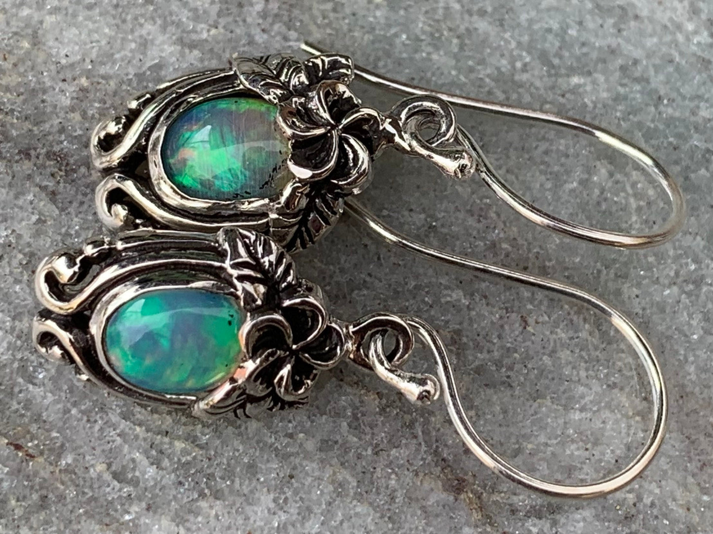 Opal Plumeria Flower Earrings. Sterling Silver.