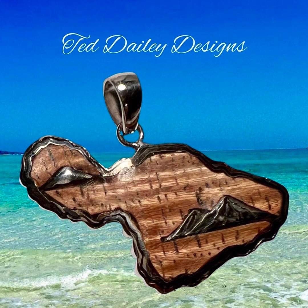 Maui Island Hawaiian Pendant Necklace. Hawaiian Koa Wood. Sterling Silver.