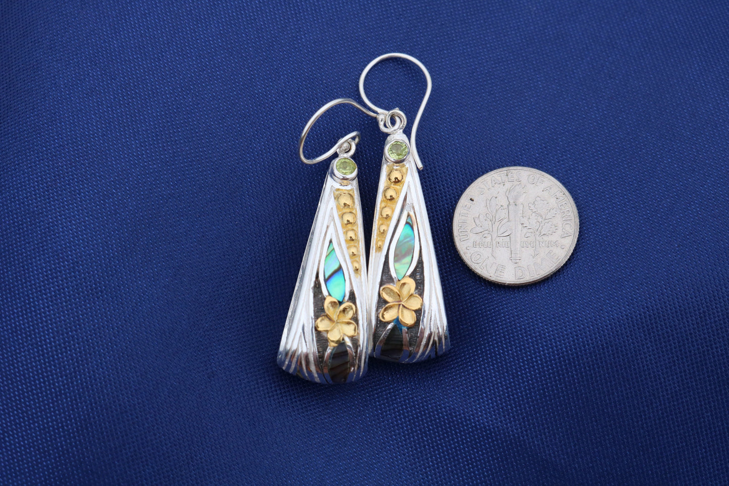 18K Gold Vermeil Plumeria Peridot Abalone Shell Hoop Earrings. Sterling Silver.