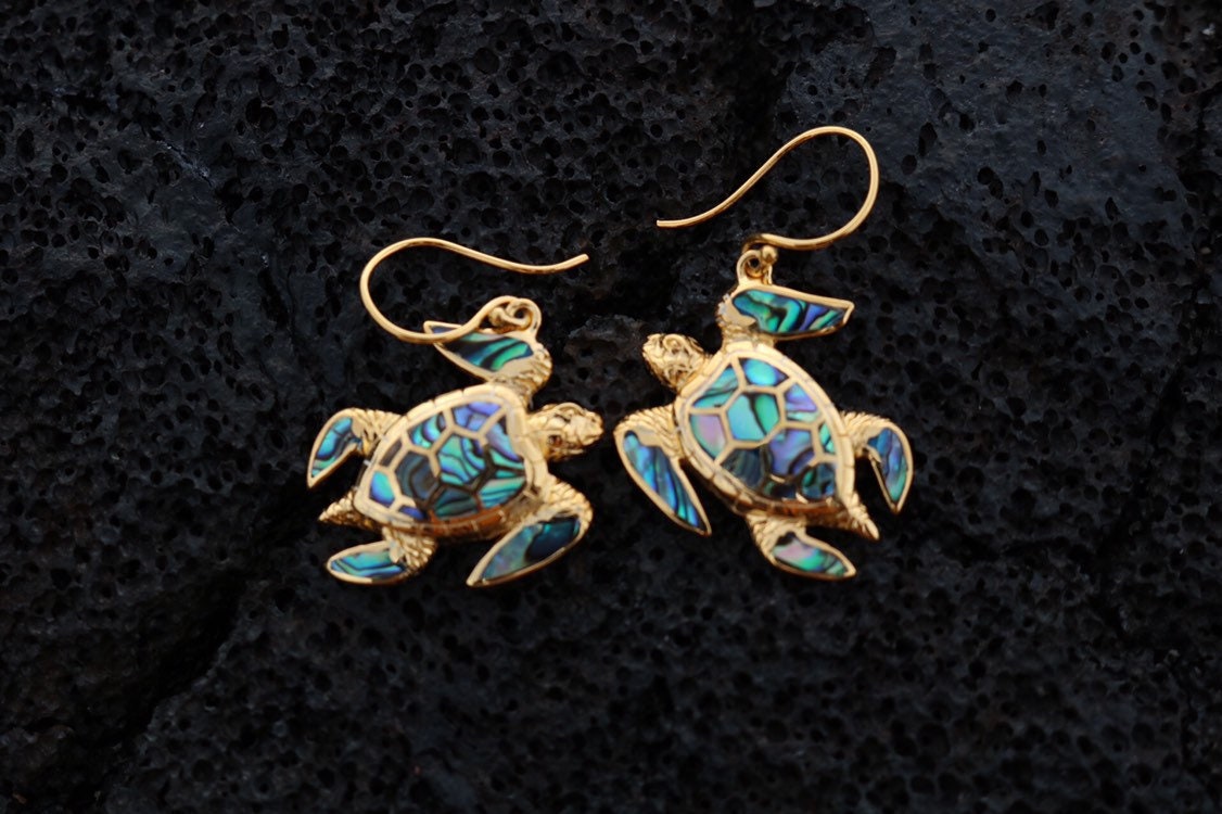 18K Gold Vermeil Green Sea Turtle Earrings. Hawaiian Honu Aumakua. Abalone Paua Shell.