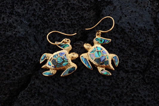 18K Gold Vermeil Green Sea Turtle Earrings. Hawaiian Honu Aumakua. Abalone Paua Shell.