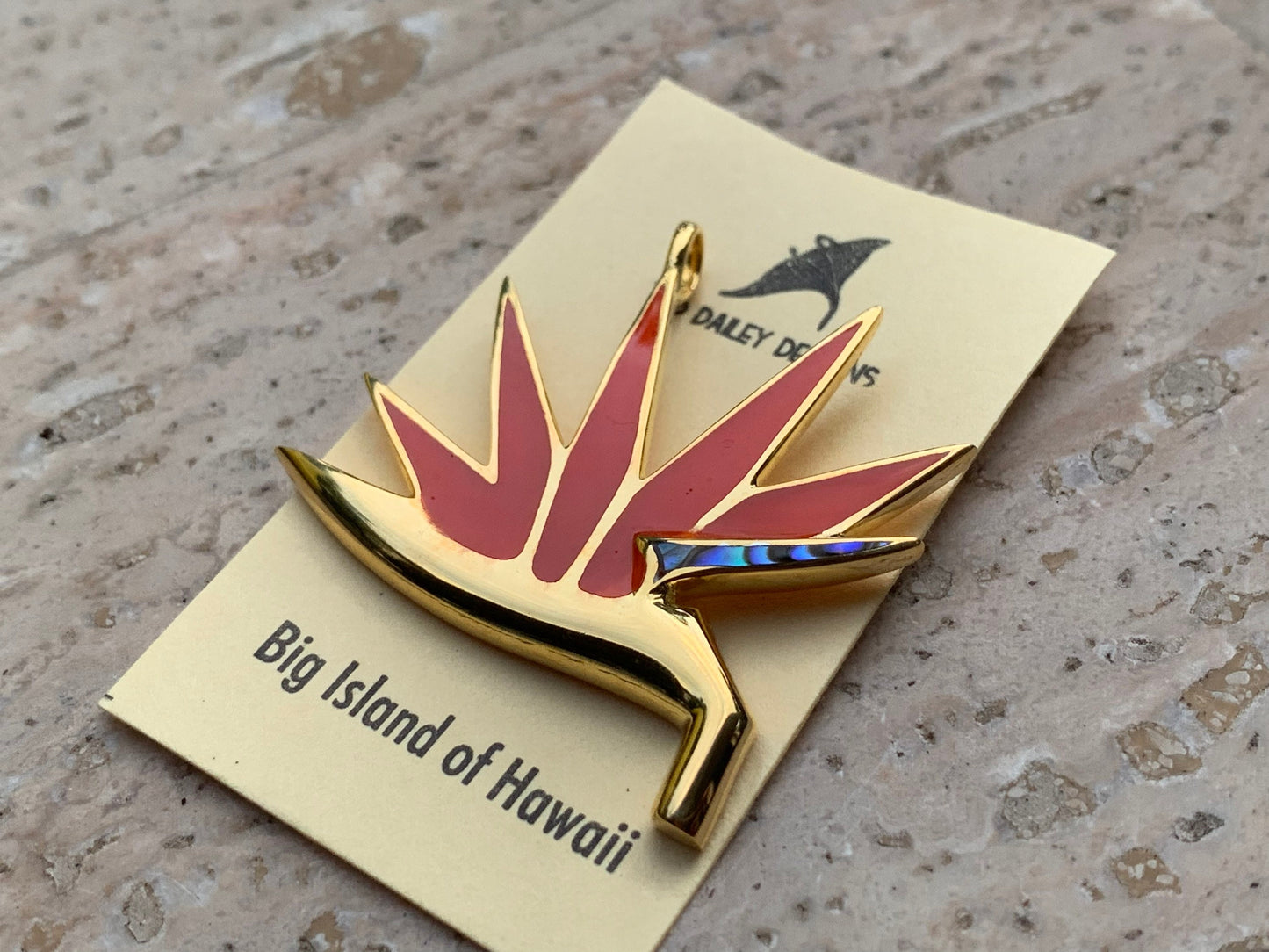 Bird of Paradise 18k Gold Vermeil Flower Necklace Pendant. Red Coral, Sterling Silver, Abalone Shell.