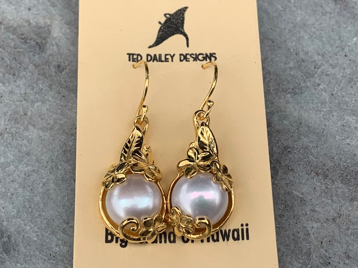 18k gold vermeil white mabe pearl plumeria flower earrings.