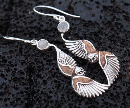 Owl Hawaiian Pueo Aumakua Earrings. Moonstone, Hawaiian Koa Wood, Mother of Pearl, Sterling Silver