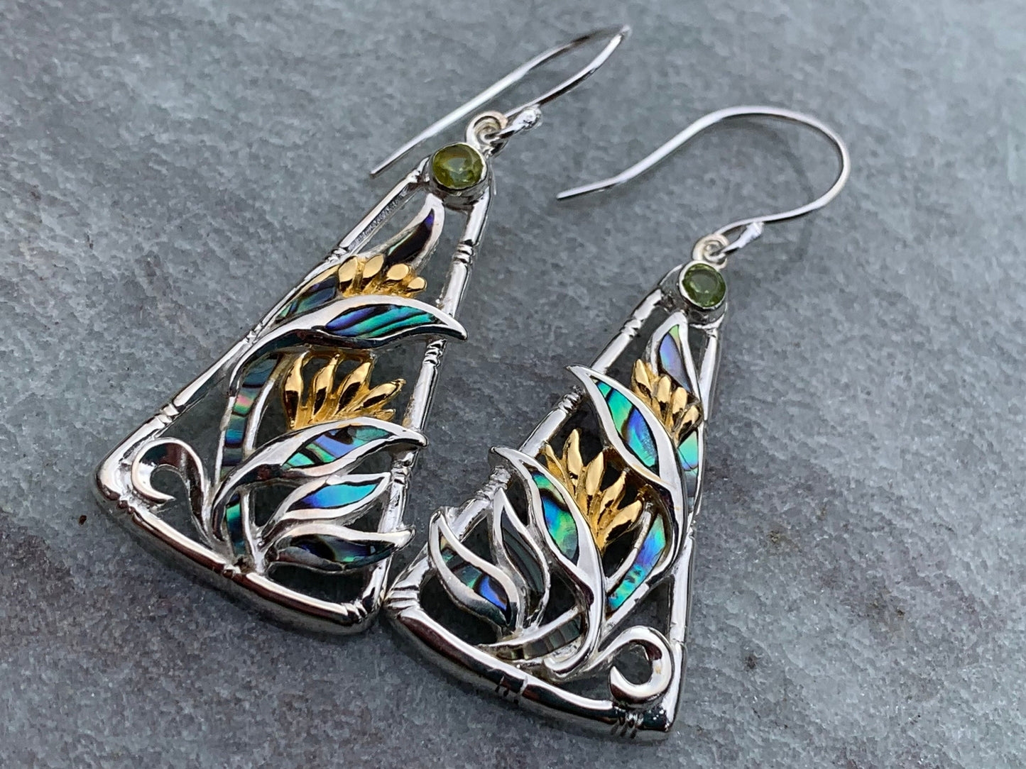 Bird of Paradise Flower Blue Peridot Silver Gold Shell Earrings