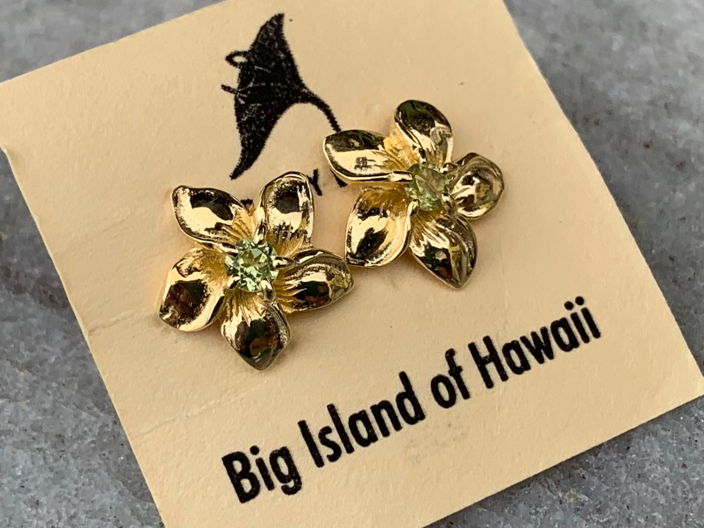 Plumeria Flower Gold Vermeil Earrings Studs. Peridot.