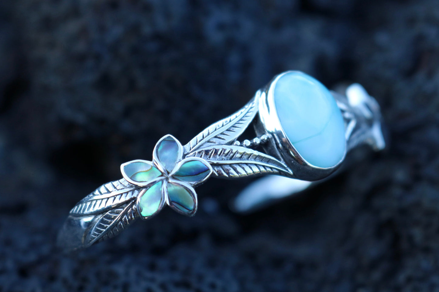 Larimar Cuff Bracelet with Plumeria Flower. Abalone Paua Shell and Sterling Silver.
