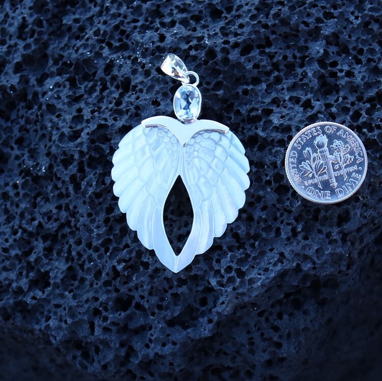 Angel Wings Heart Mother of Pearl Shell Necklace Pendant with Blue Topaz. Sterling Silver.