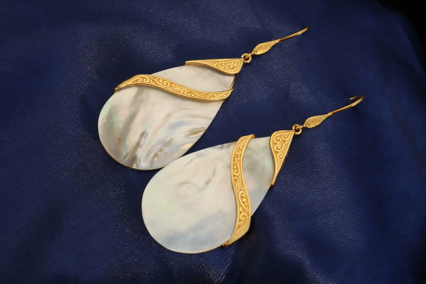 18K Gold Vermeil Mother of Pearl Teardrop Earrings Double Tribal Design. Sterling Silver.
