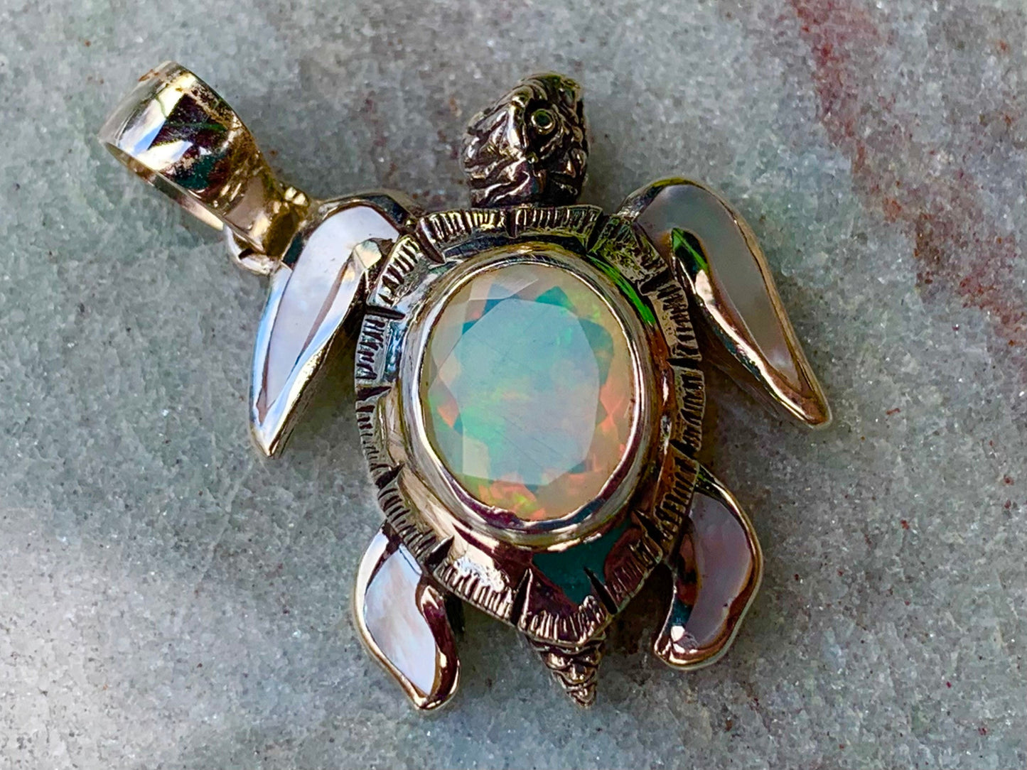 Opal Turtle Pendant Necklace. Mother of Pearl, Silver.