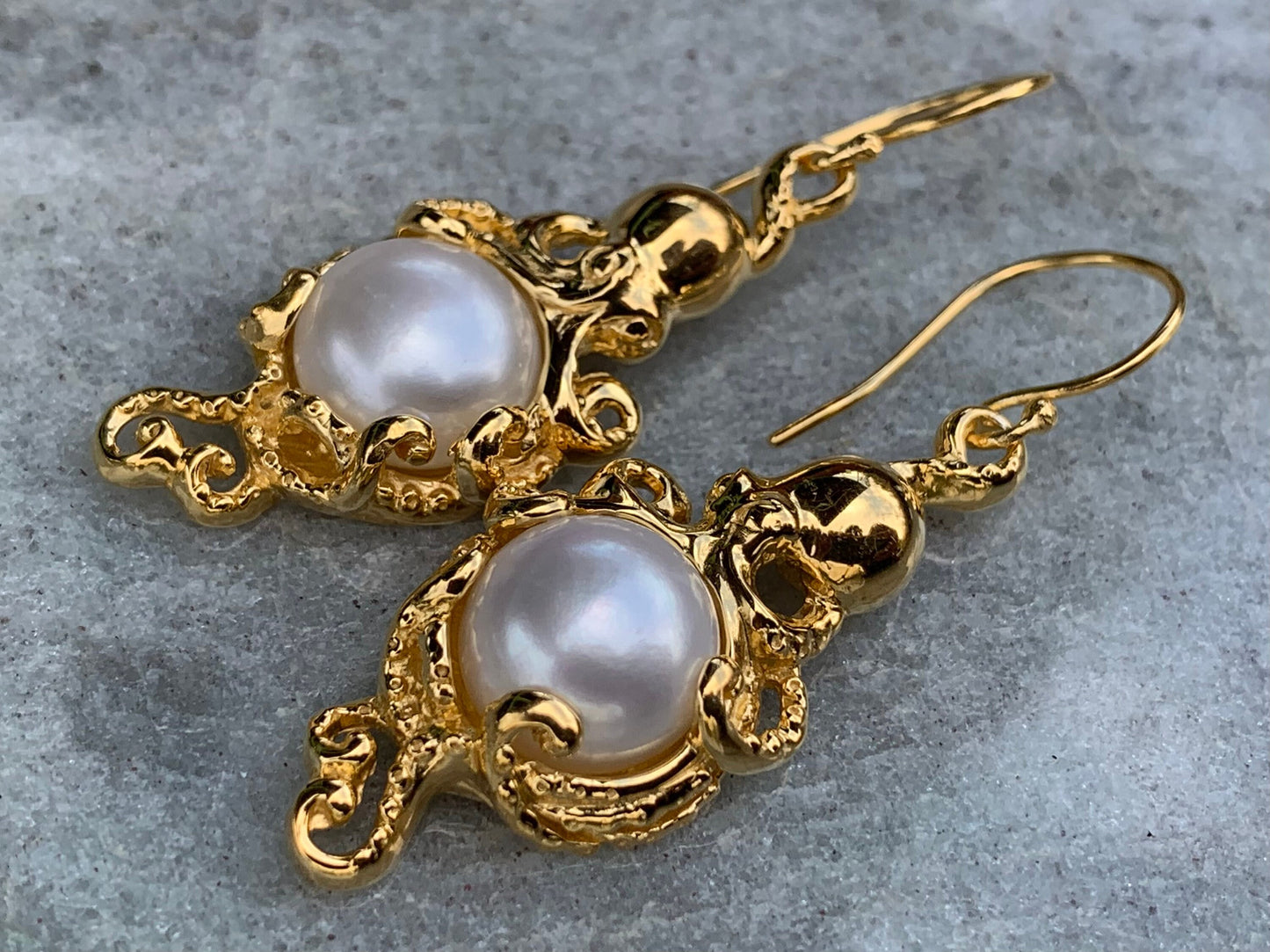 18k gold vermeil white mabe pearl octopus earrings.