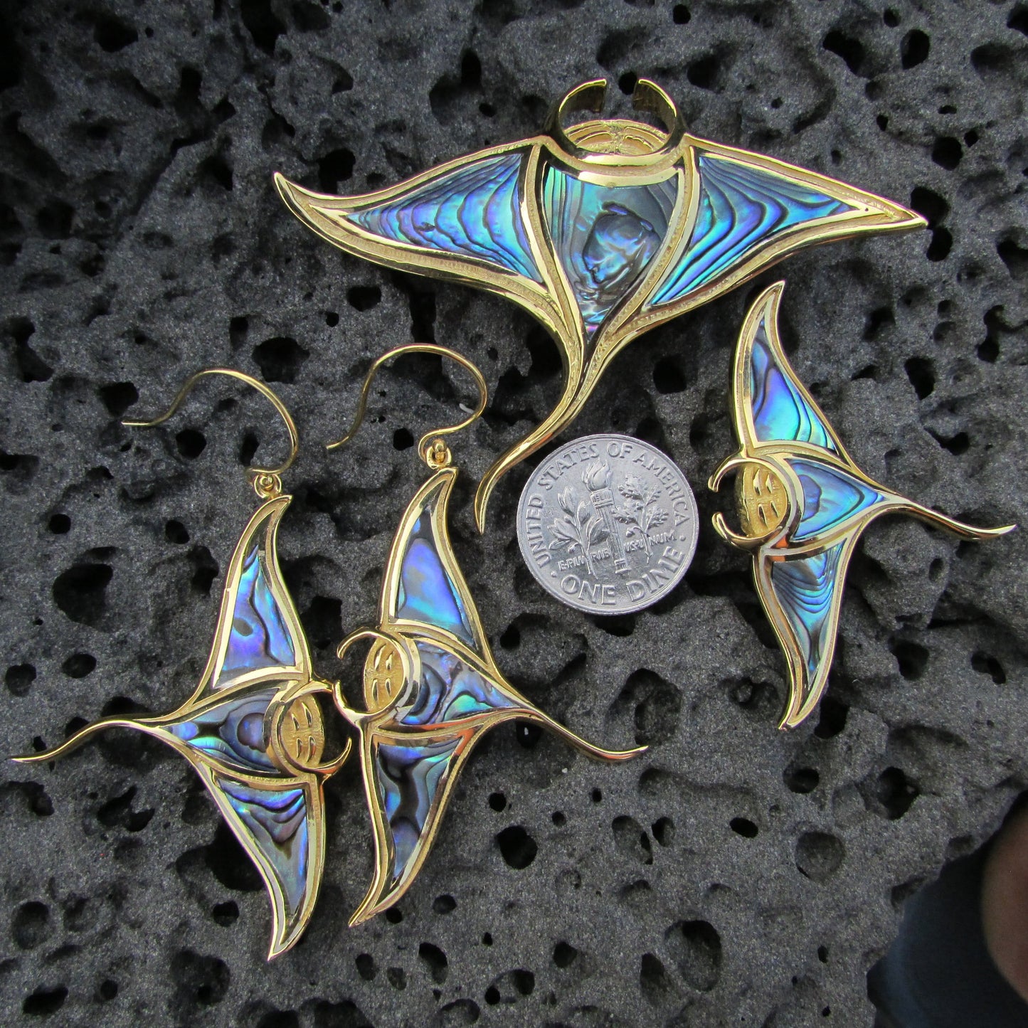 18K Gold Vermeil Manta Ray Stingray Earrings Handmade | Abalone | Paua Shell | Sterling Silver