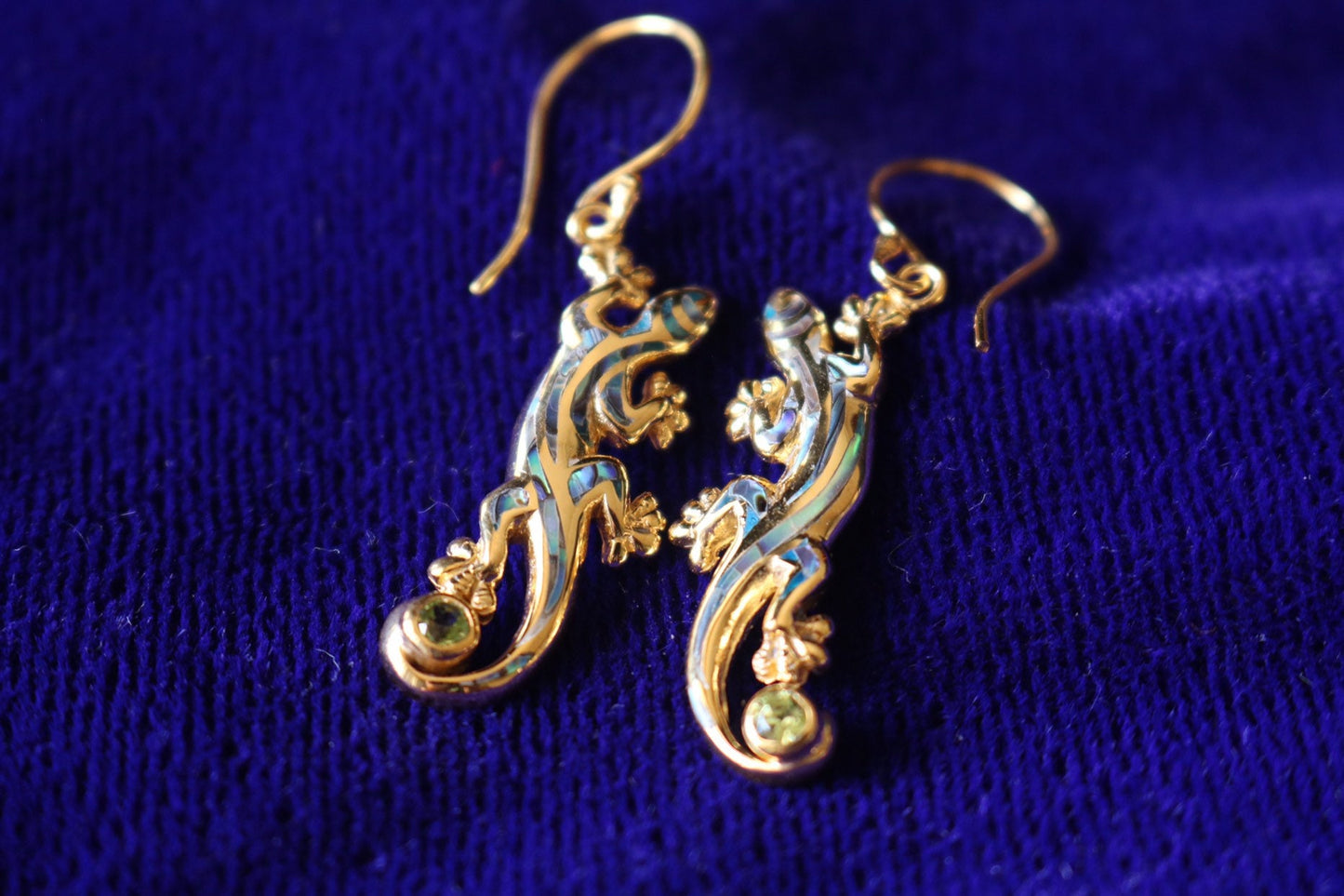 Hawaiian Gecko Lizard Salamander Earrings. Vermeil 18k Gold Silver Abalone Paua Shell Peridot.
