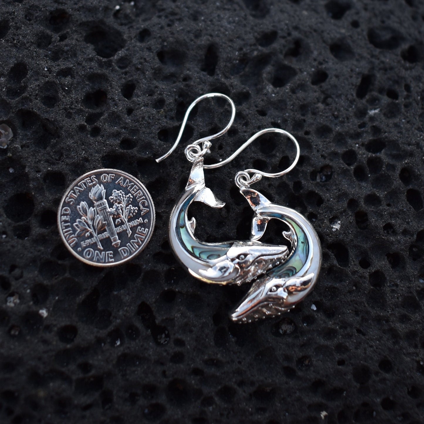 Whale earrings. Sterling Silver. Abalone Shell. Mother of Pearl.