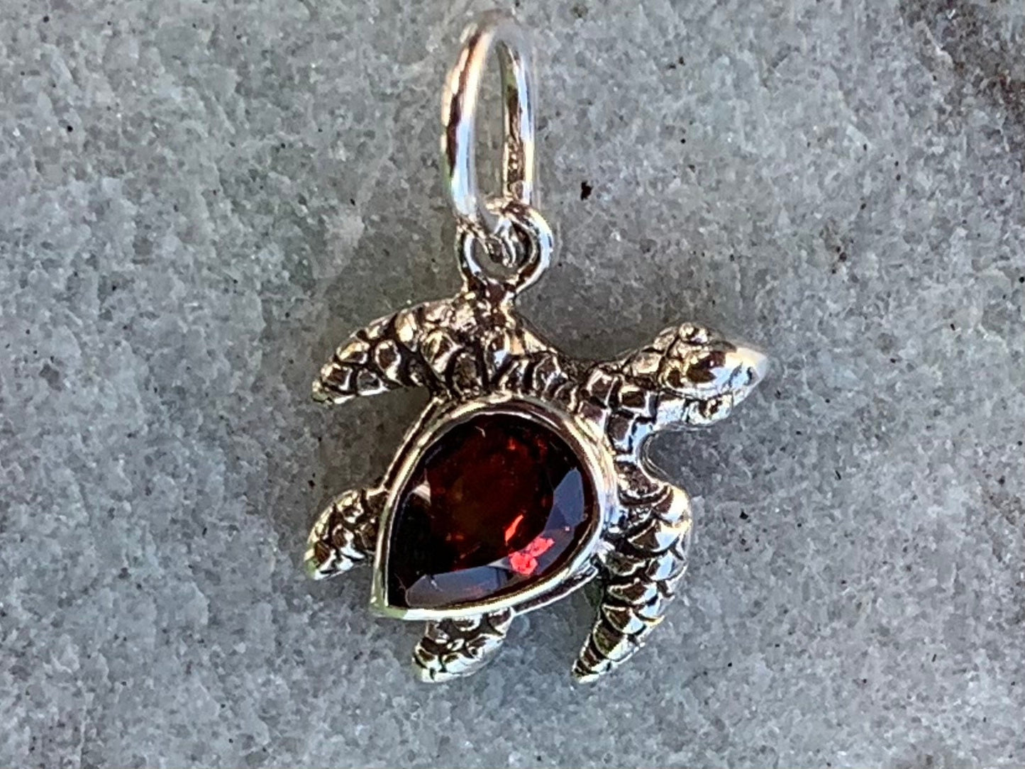 Honu Turtle Garnet Silver Charm Necklace Pendant