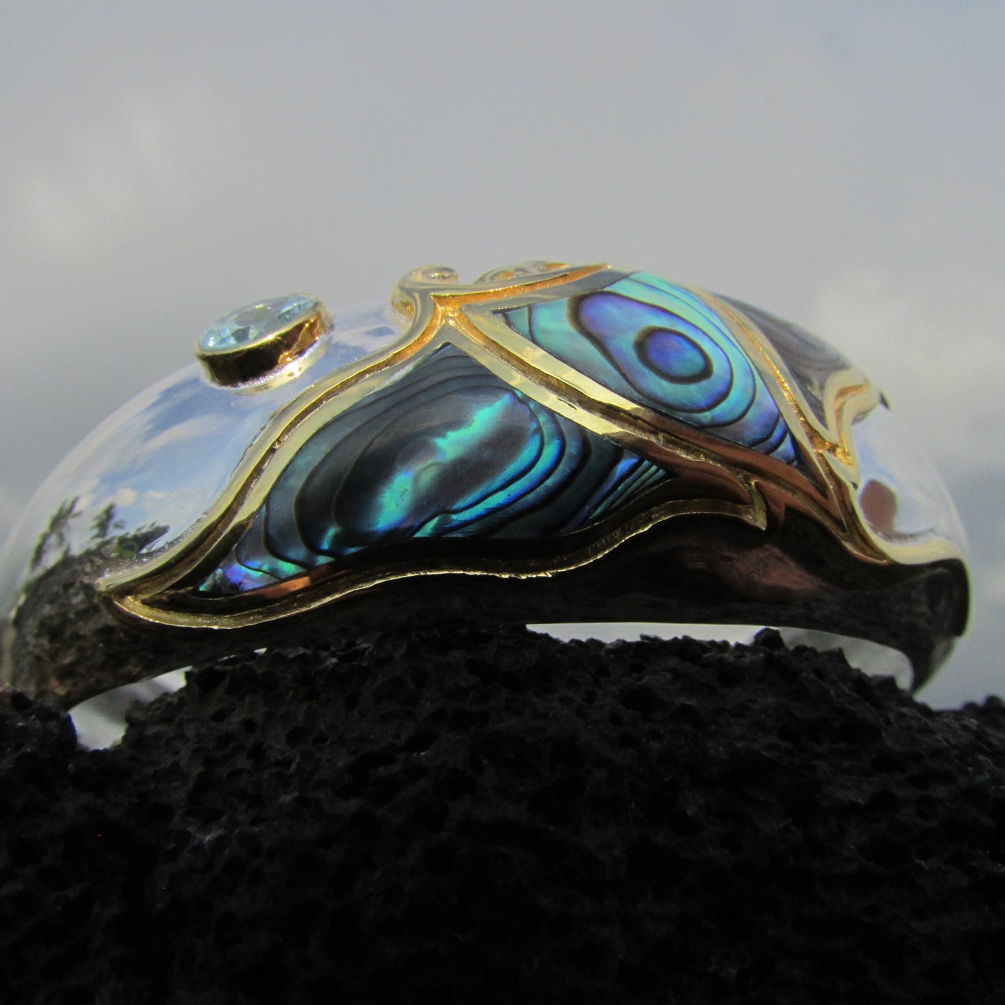 Manta Ray Cuff Bracelet. Sterling Silver, 18K Gold Vermeil Plated, Blue Topaz