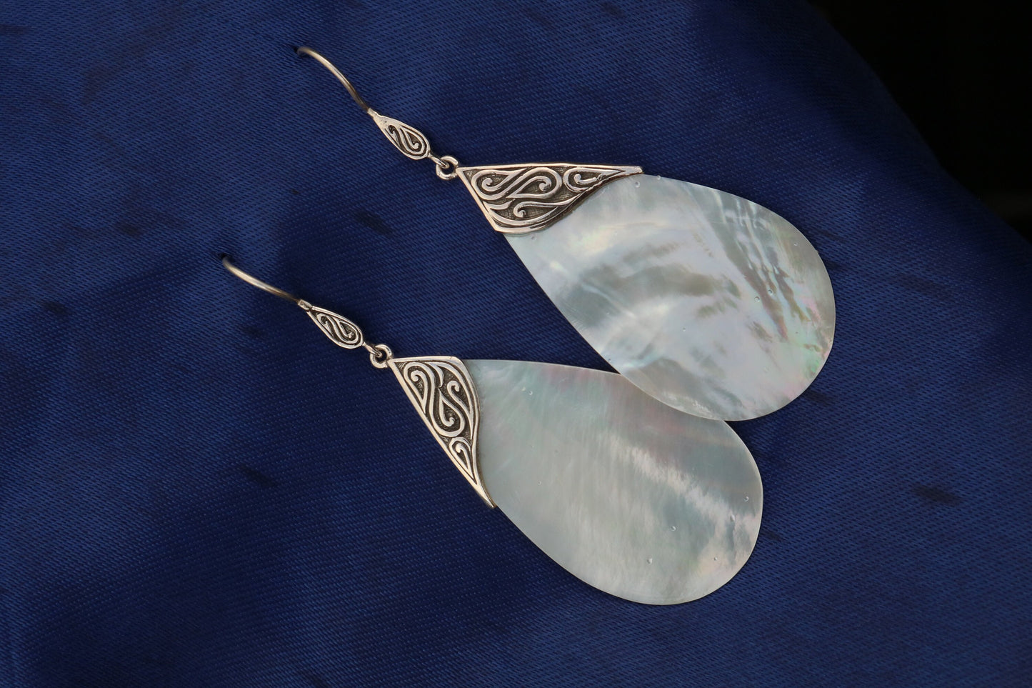 Mother of Pearl Teardrop Earrings Tribal Design. Sterling Silver.